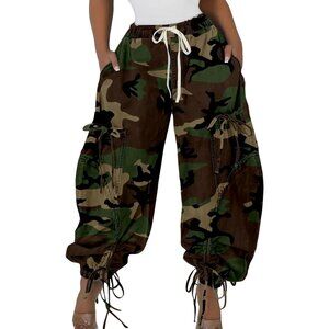 Women's Baggy Cargo Jogger Jeans Denim High Waisted Wide Leg Casual